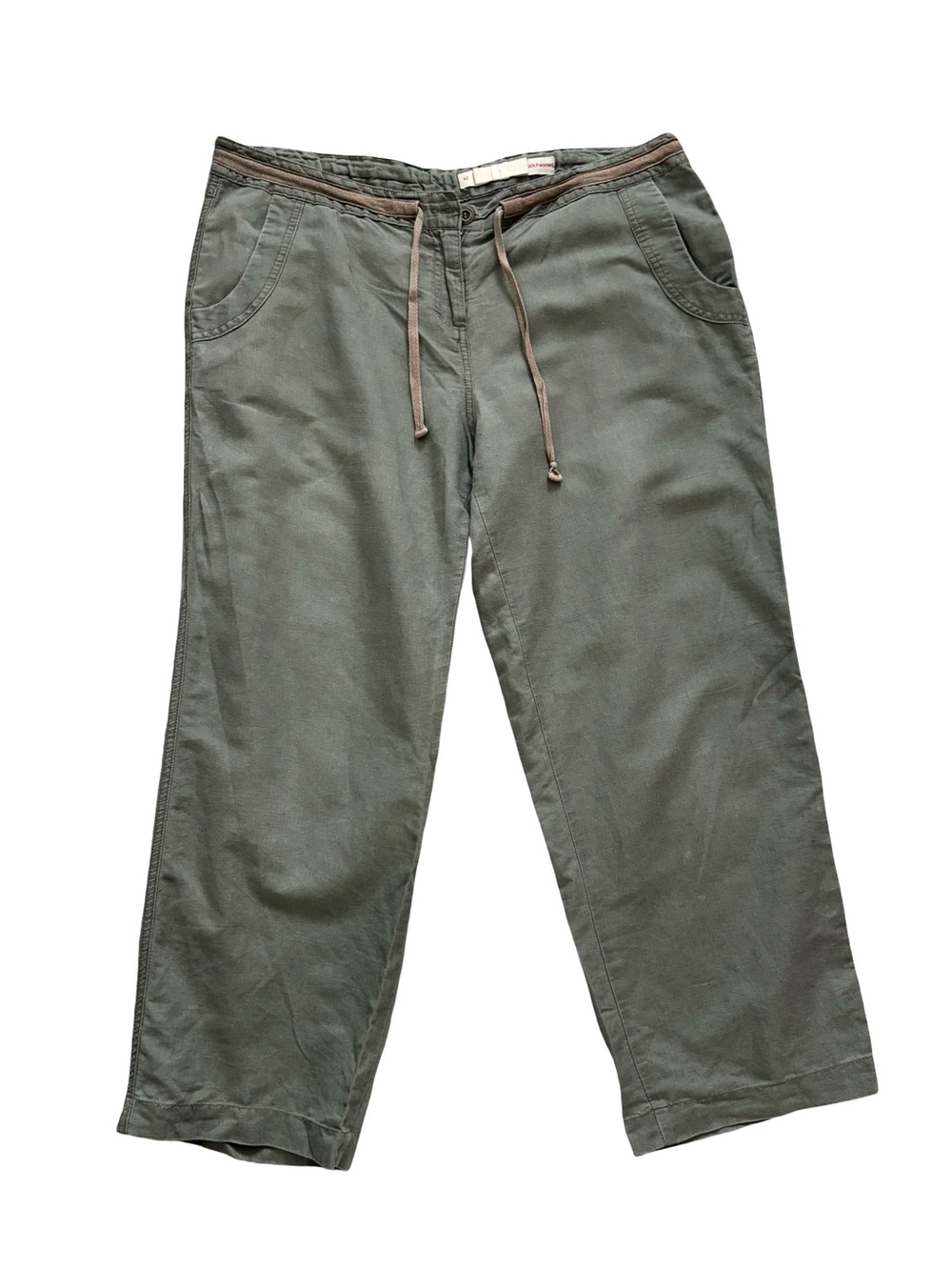 Golf Women Olive Green Linen Blend Cropped Wide Leg Drawstring Pants size 10-12